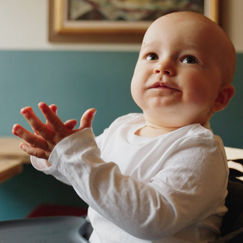 baby sitting in a portable high chair in a restaurant